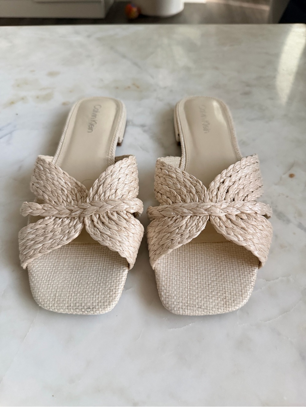 Calvin Klein Cream Braided Satin Slide Mules